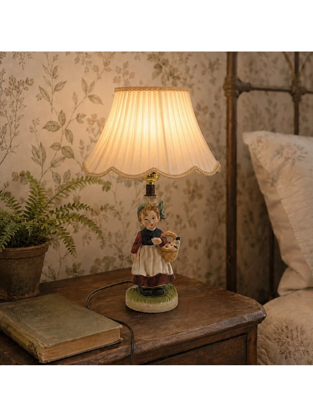 Vintage Ceramic Girl Flower Basket Figural Lamp Hummel Style Cottage Decor